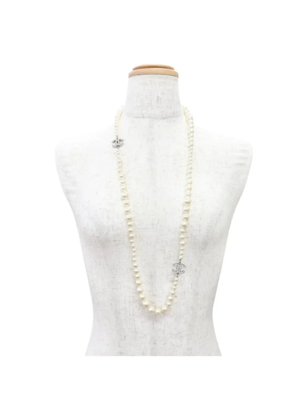 Chanel CC Logo Long Pearl Necklace White Silver